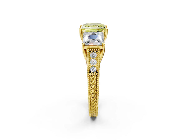 Yellow Gold Princess Cut Engraved Three Stone Engagement Ring Setting for Fancy Yellow Center