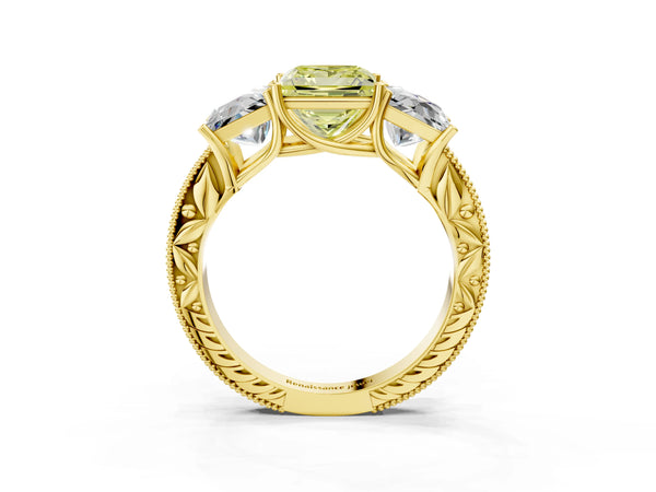 Yellow Gold Princess Cut Engraved Three Stone Engagement Ring Setting for Fancy Yellow Center