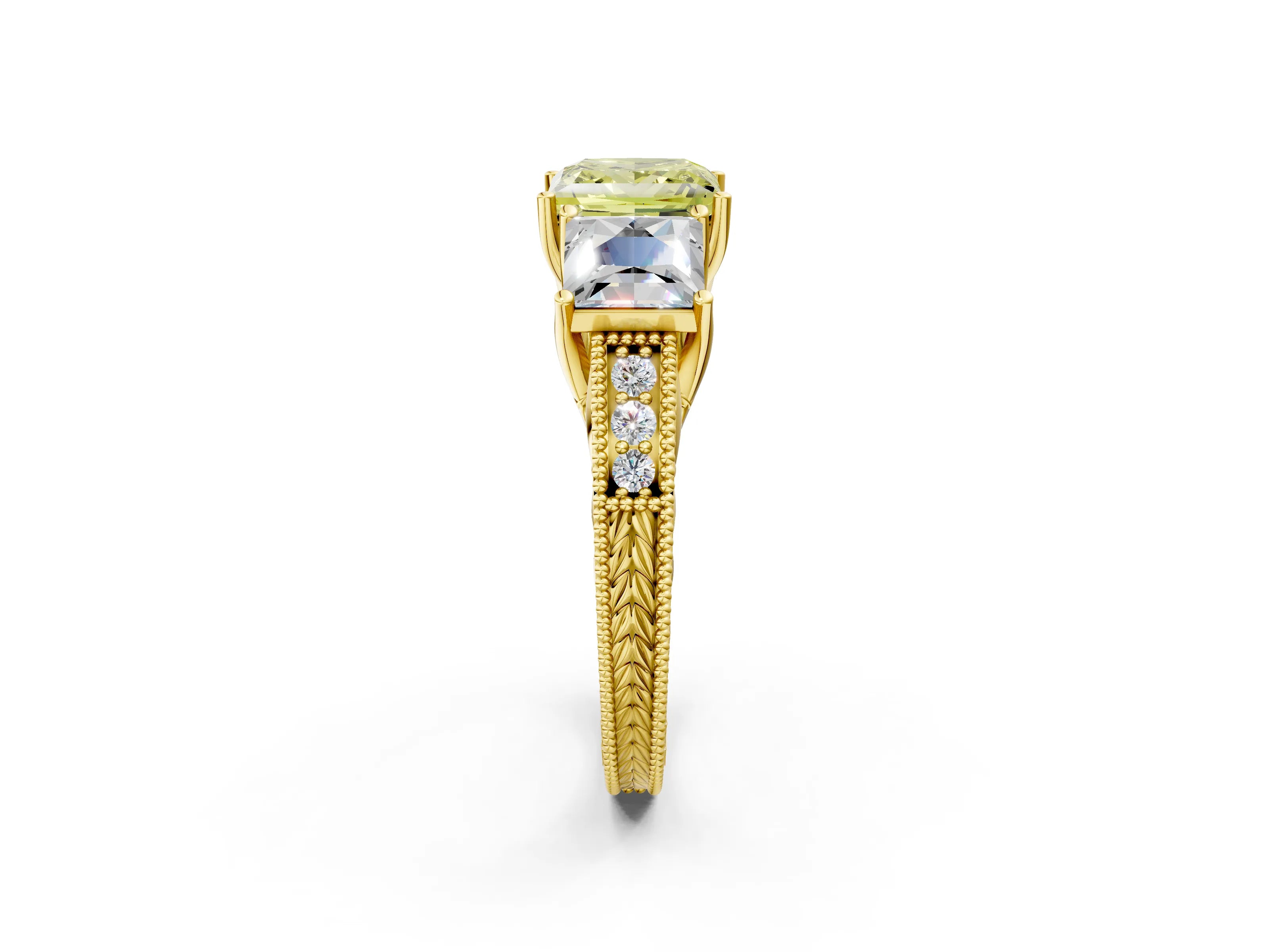 Yellow gold Three-Stone Fancy Yellow Princess Cut Cut Milgrain Pavé Engagement Ring_2
