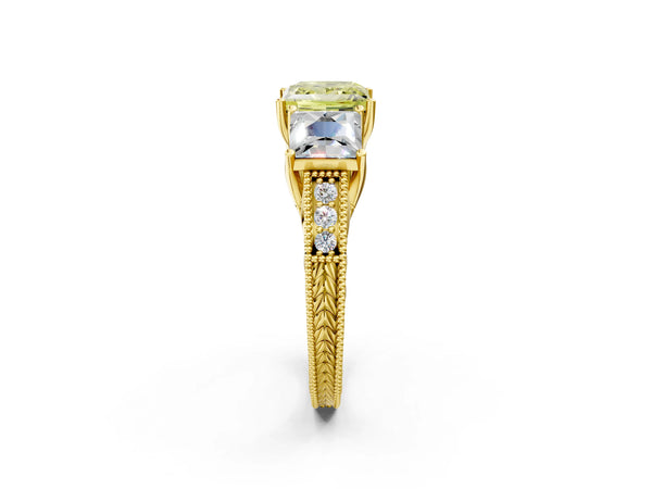 Yellow gold Three-Stone Fancy Yellow Princess Cut Cut Milgrain Pavé Engagement Ring