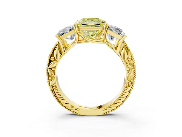 Yellow gold Three-Stone Fancy Yellow Princess Cut Cut Milgrain Pavé Engagement Ring