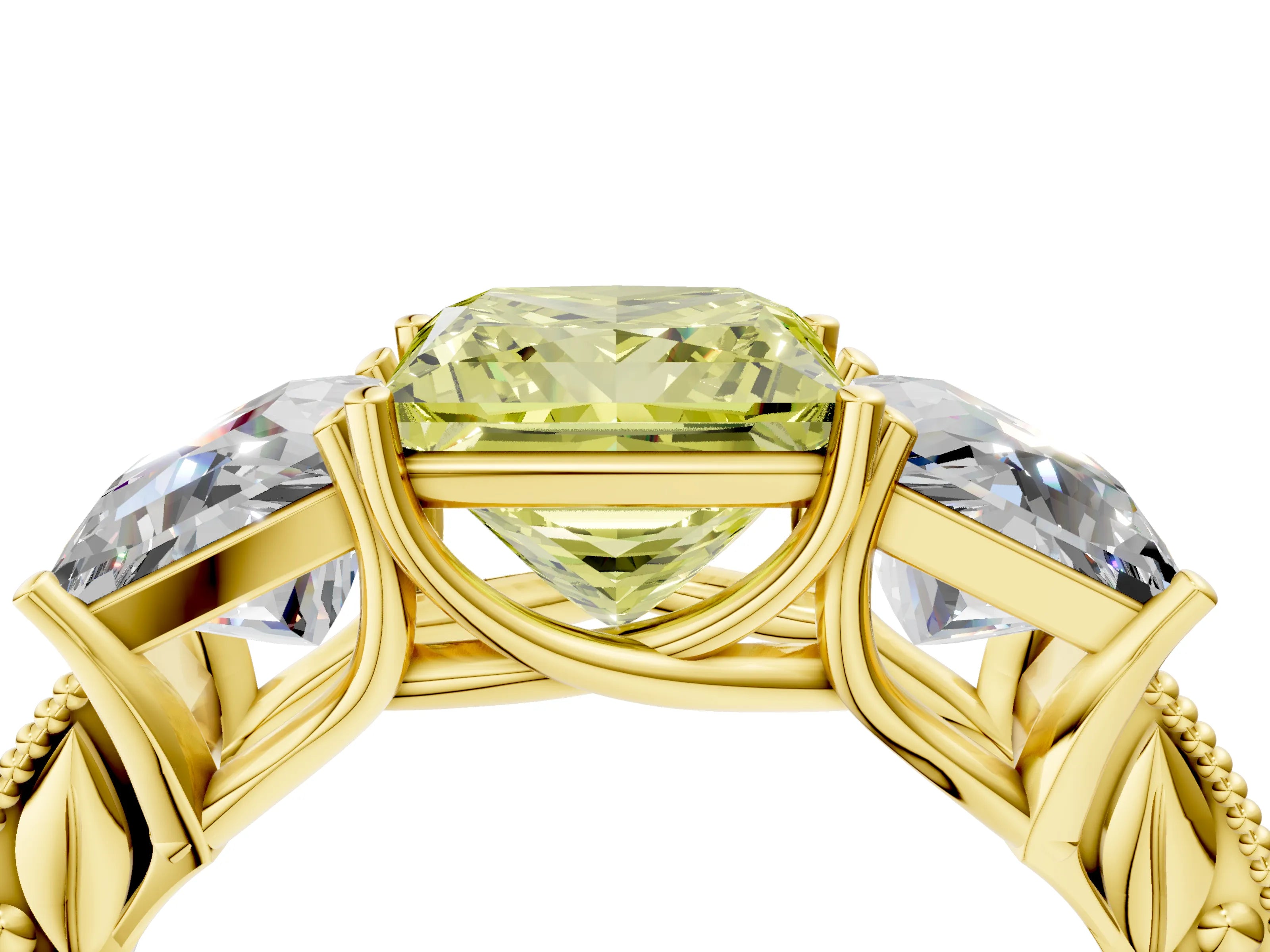 Yellow gold Three-Stone Fancy Yellow Princess Cut Cut Milgrain Pavé Engagement Ring_4