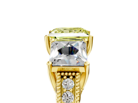 Yellow gold Three-Stone Fancy Yellow Princess Cut Cut Milgrain Pavé Engagement Ring_5