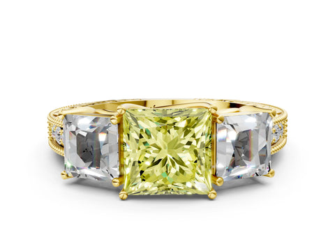 Yellow gold Three-Stone Fancy Yellow Princess Cut Cut Milgrain Pavé Engagement Ring