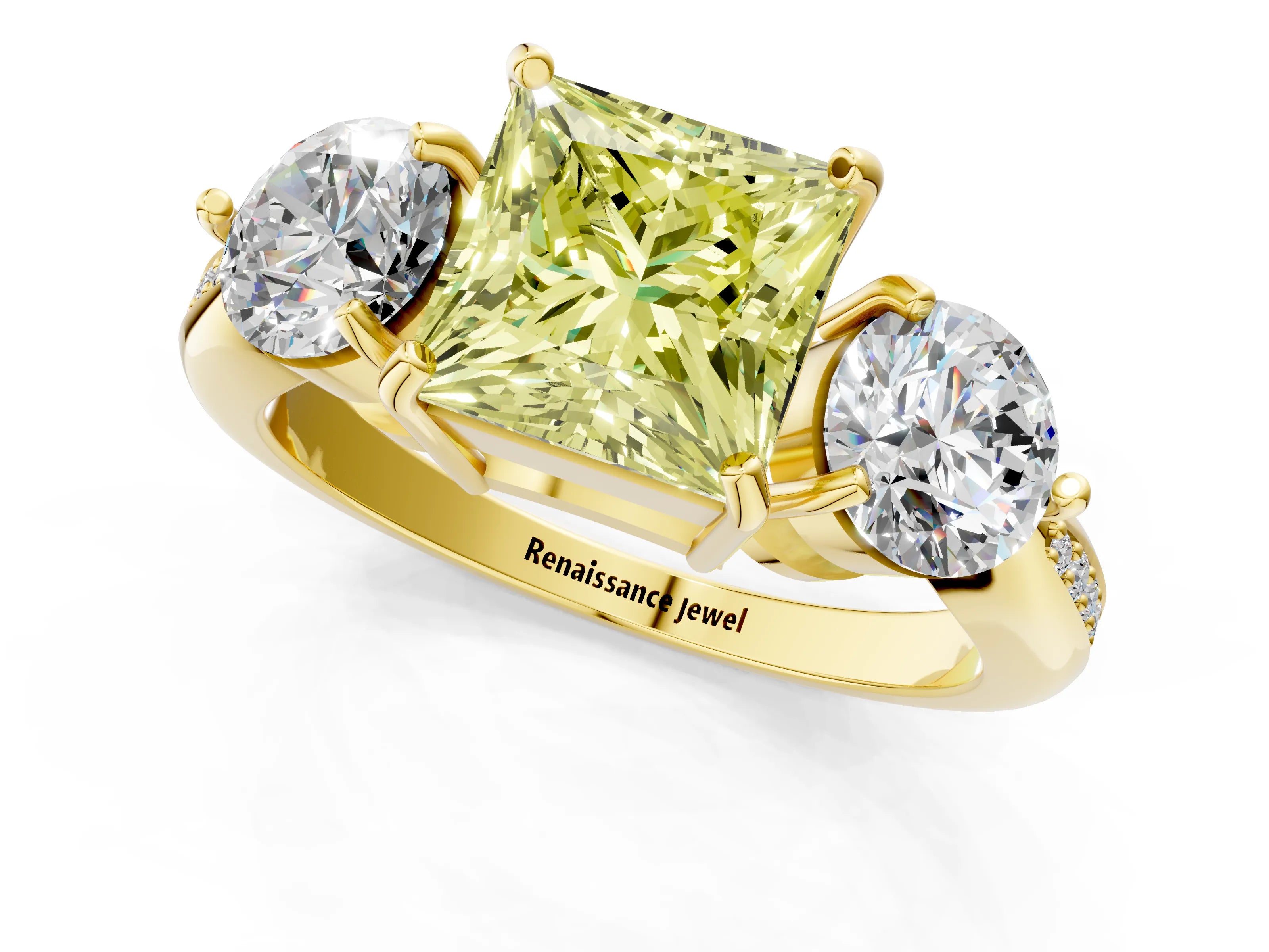 Yellow gold Three-Stone Fancy Yellow Princess Cut Diamond Channel Set Engagement Ring with Prong Setting_1
