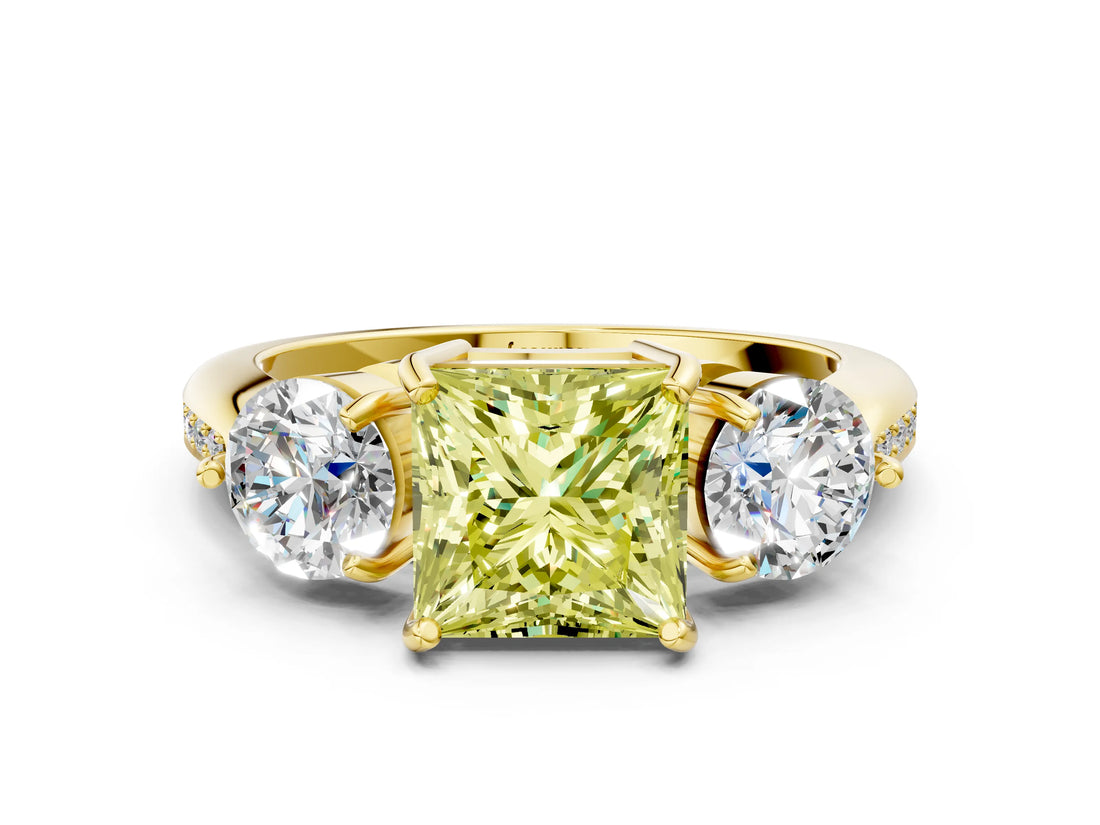 Yellow gold Three-Stone Fancy Yellow Princess Cut Diamond Channel Set Engagement Ring with Prong Setting_12
