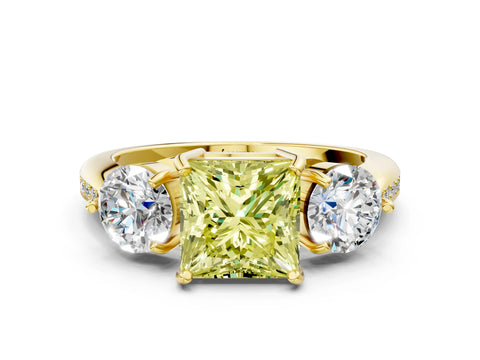 Yellow gold Three-Stone Fancy Yellow Princess Cut Diamond Channel Set Engagement Ring with Prong Setting