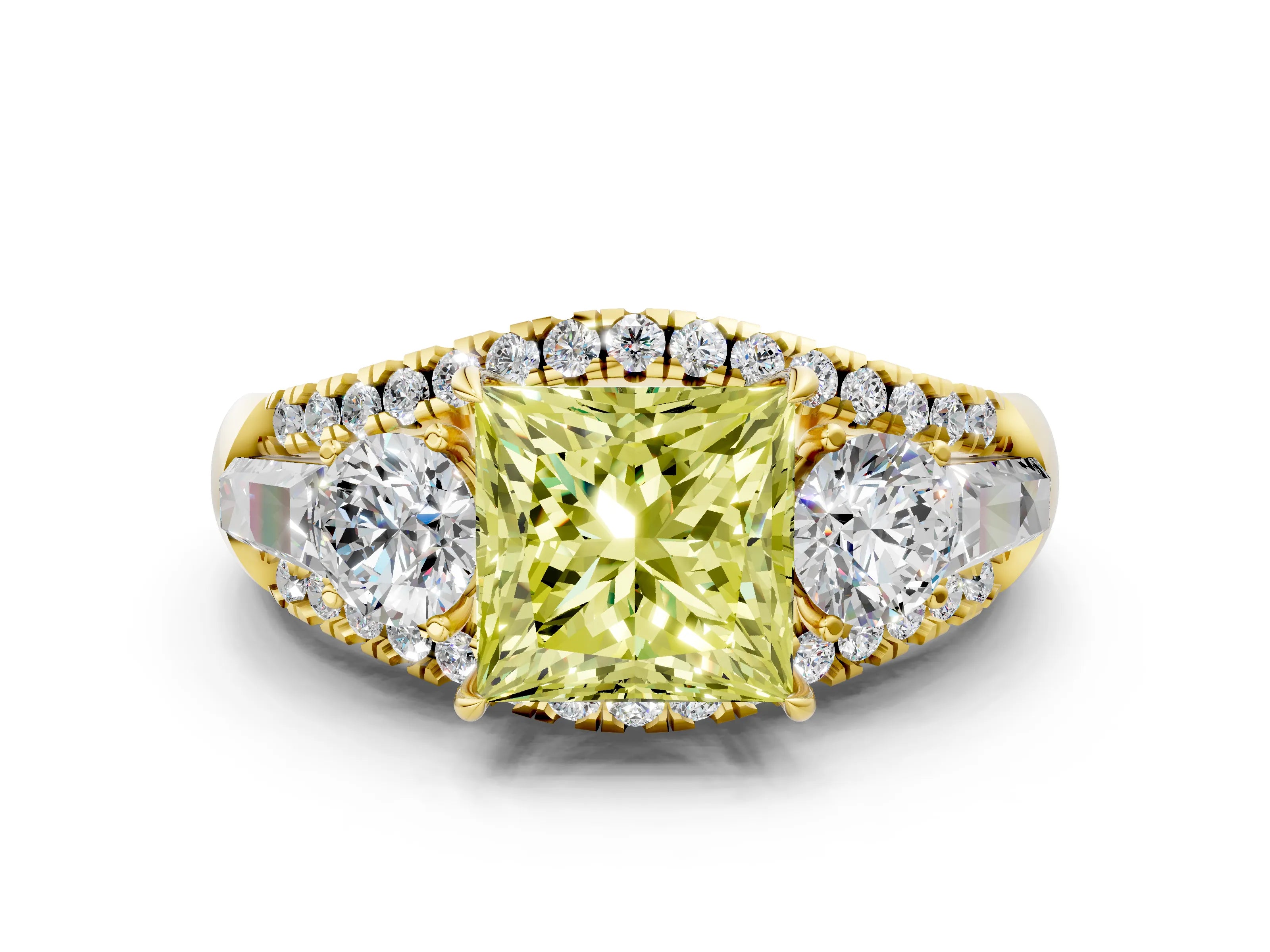 Yellow gold Three-Stone Fancy Yellow Princess Cut Diamond Engagement Ring with Pave Band and Prong Setting