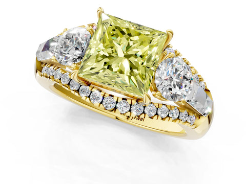 Yellow gold Three-Stone Fancy Yellow Princess Cut Diamond Engagement Ring with Pave Band and Prong Setting_1
