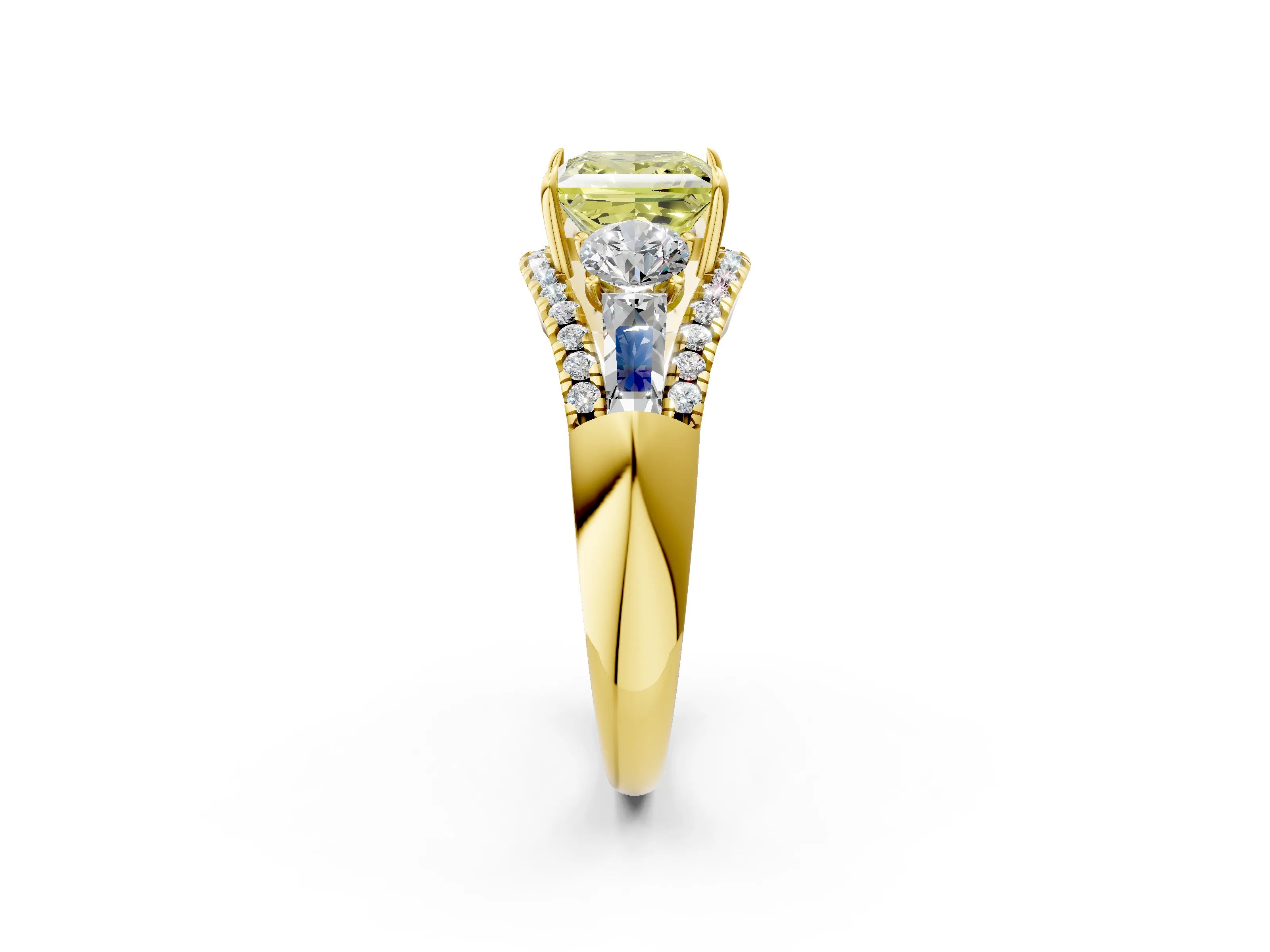 Yellow gold Three-Stone Fancy Yellow Princess Cut Diamond Engagement Ring with Pave Band and Prong Setting_2