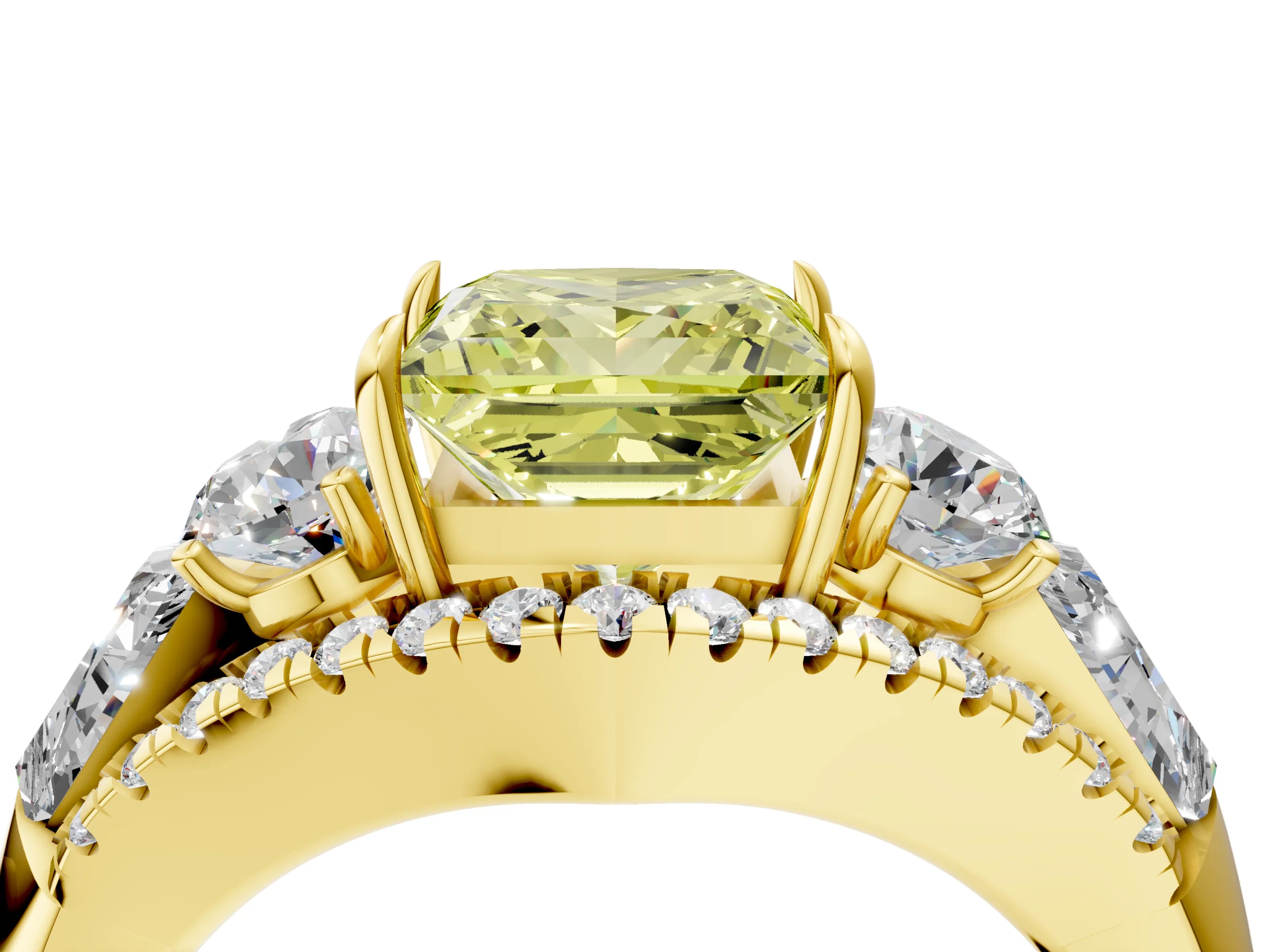 Yellow gold Three-Stone Fancy Yellow Princess Cut Diamond Engagement Ring with Pave Band and Prong Setting_4
