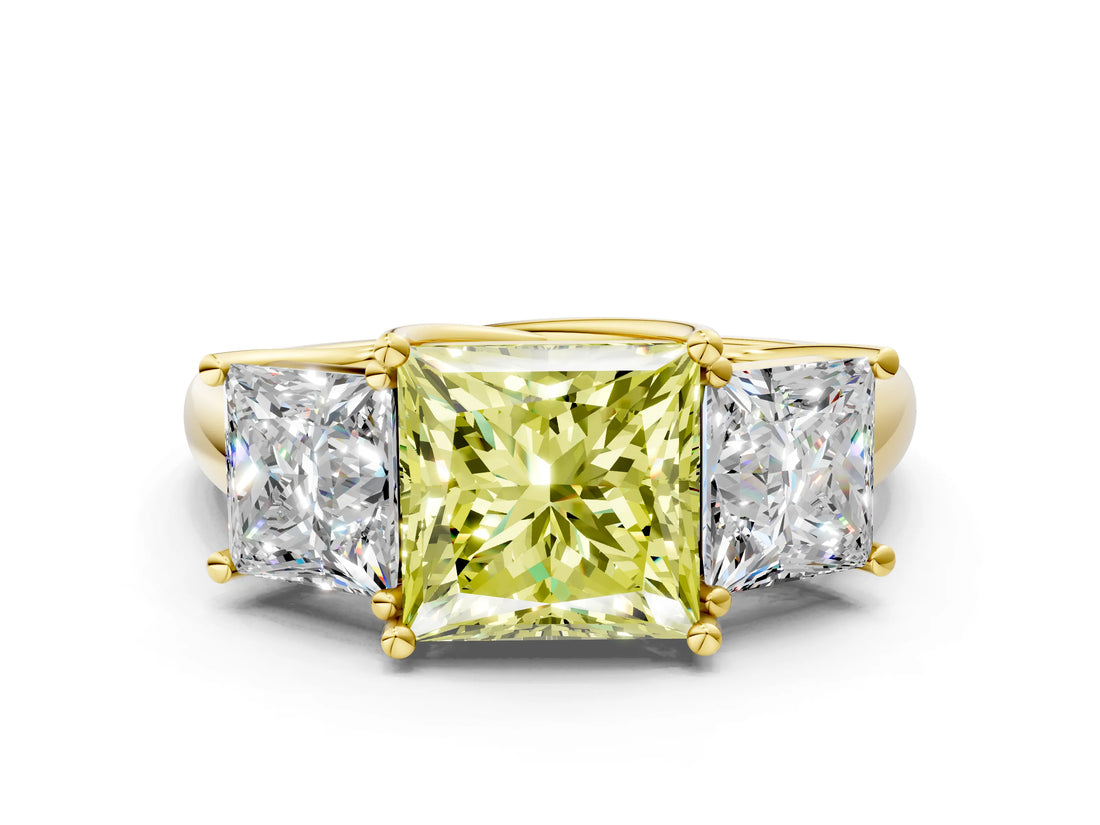 Yellow gold Three-Stone Fancy Yellow Princess Cut Diamond Engagement Ring with Prong Setting_3