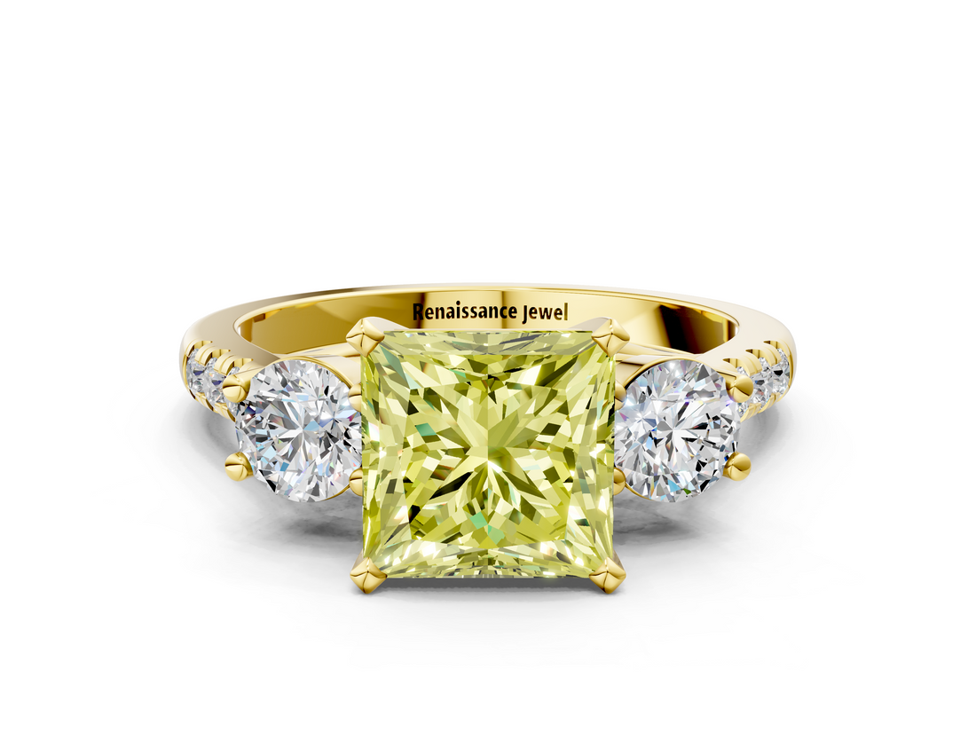Yellow gold Three-Stone Fancy Yellow Princess  Cut Diamond Pavé Band with Four-Prong Setting