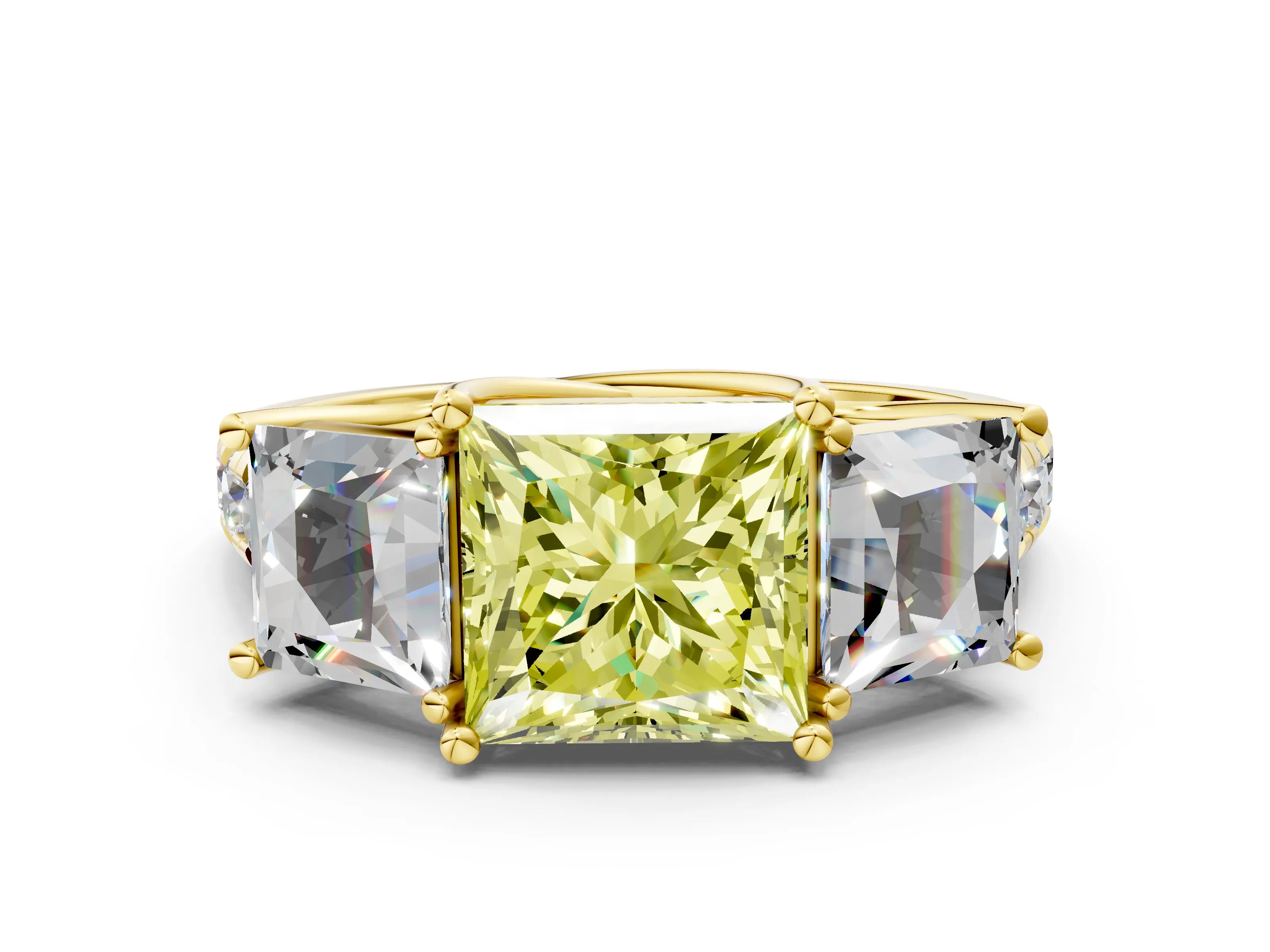 Yellow gold Three-Stone Fancy Yellow Princess Cut Diamond Pavé Band with Prong Setting