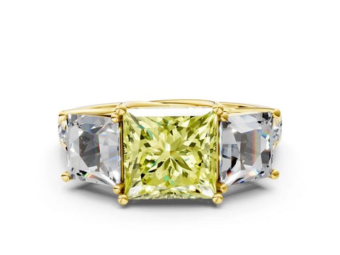 Yellow gold Three-Stone Fancy Yellow Princess Cut Diamond Pavé Band with Prong Setting