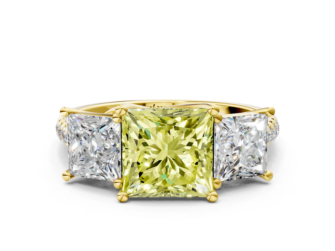 Yellow gold Three-Stone Fancy Yellow Princess Cut Diamond Ring with Pavé Band and Prong Setting_47