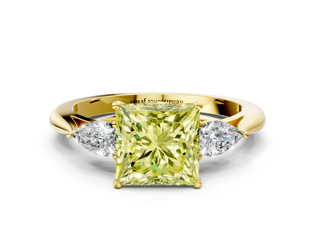 Yellow gold Three-Stone Fancy Yellow Princess Cut Diamond Ring with Pear  Side Stones in Four-Prong Setting_36
