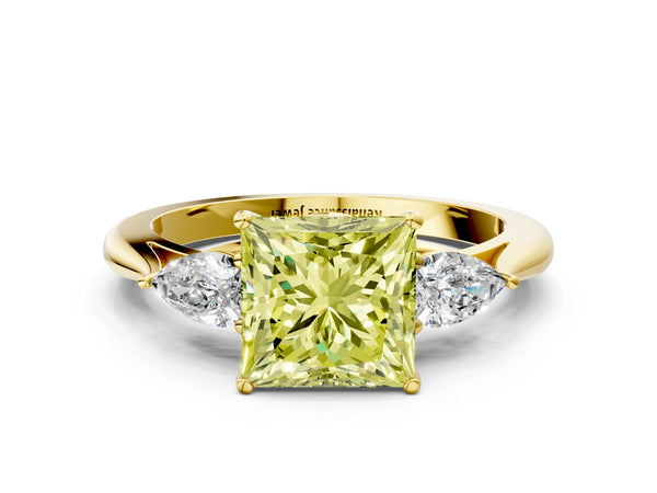 Yellow gold Three-Stone Fancy Yellow Princess Cut Diamond Ring with Pear  Side Stones in Four-Prong Setting