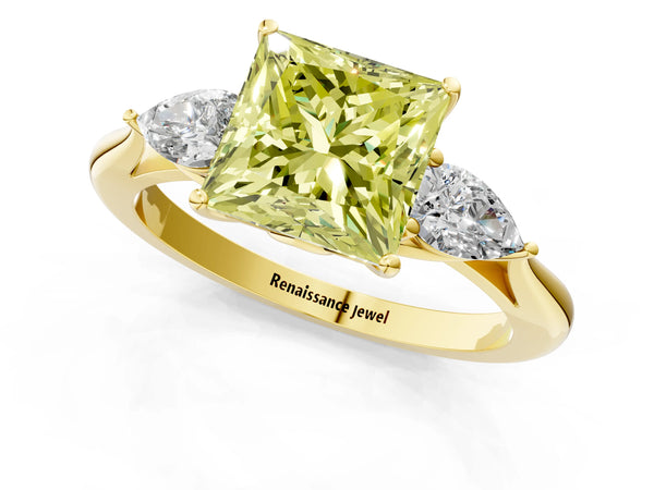 Yellow gold Three-Stone Fancy Yellow Princess Cut Diamond Ring with Pear  Side Stones in Four-Prong Setting