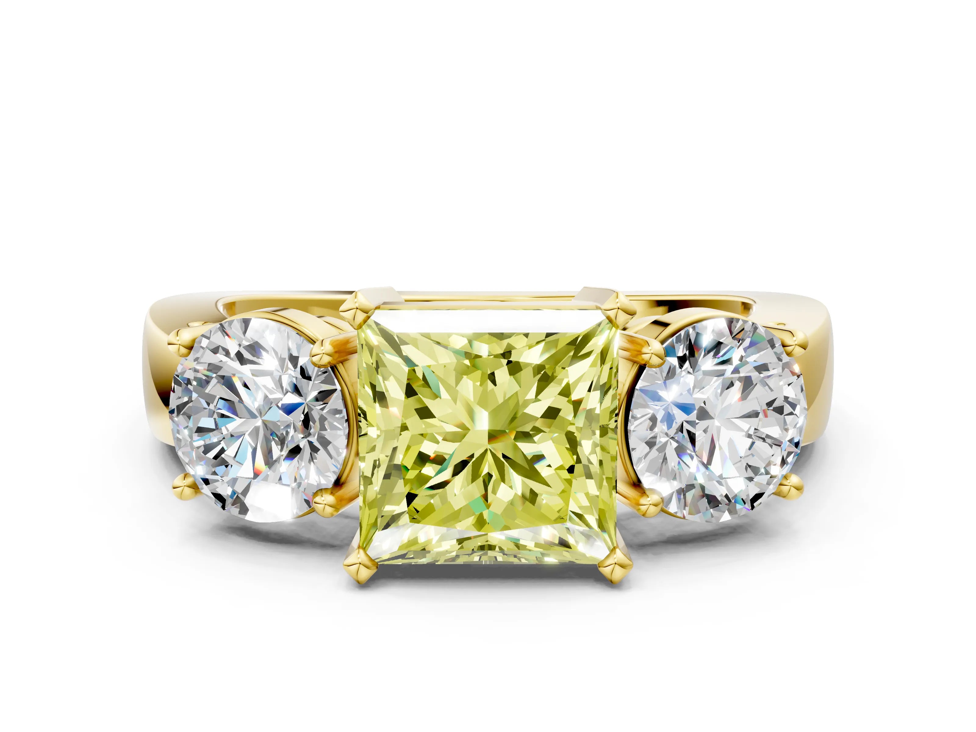 Yellow gold Three-Stone Fancy Yellow Princess Cut Diamond Ring with Round Side Stones, Classic Band, and Four-Prong Setting