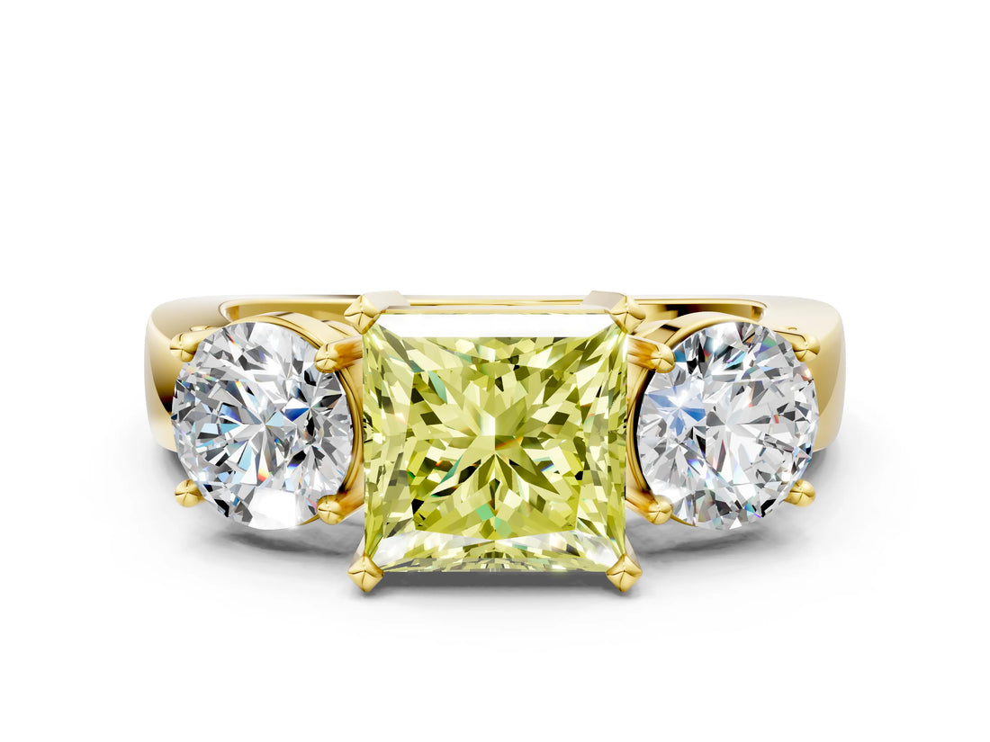 Yellow gold Three-Stone Fancy Yellow Princess Cut Diamond Ring with Round Side Stones, Classic Band, and Four-Prong Setting