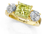 Yellow gold Three-Stone Fancy Yellow Princess Cut Diamond Ring with Round Side Stones, Classic Band, and Four-Prong Setting_1
