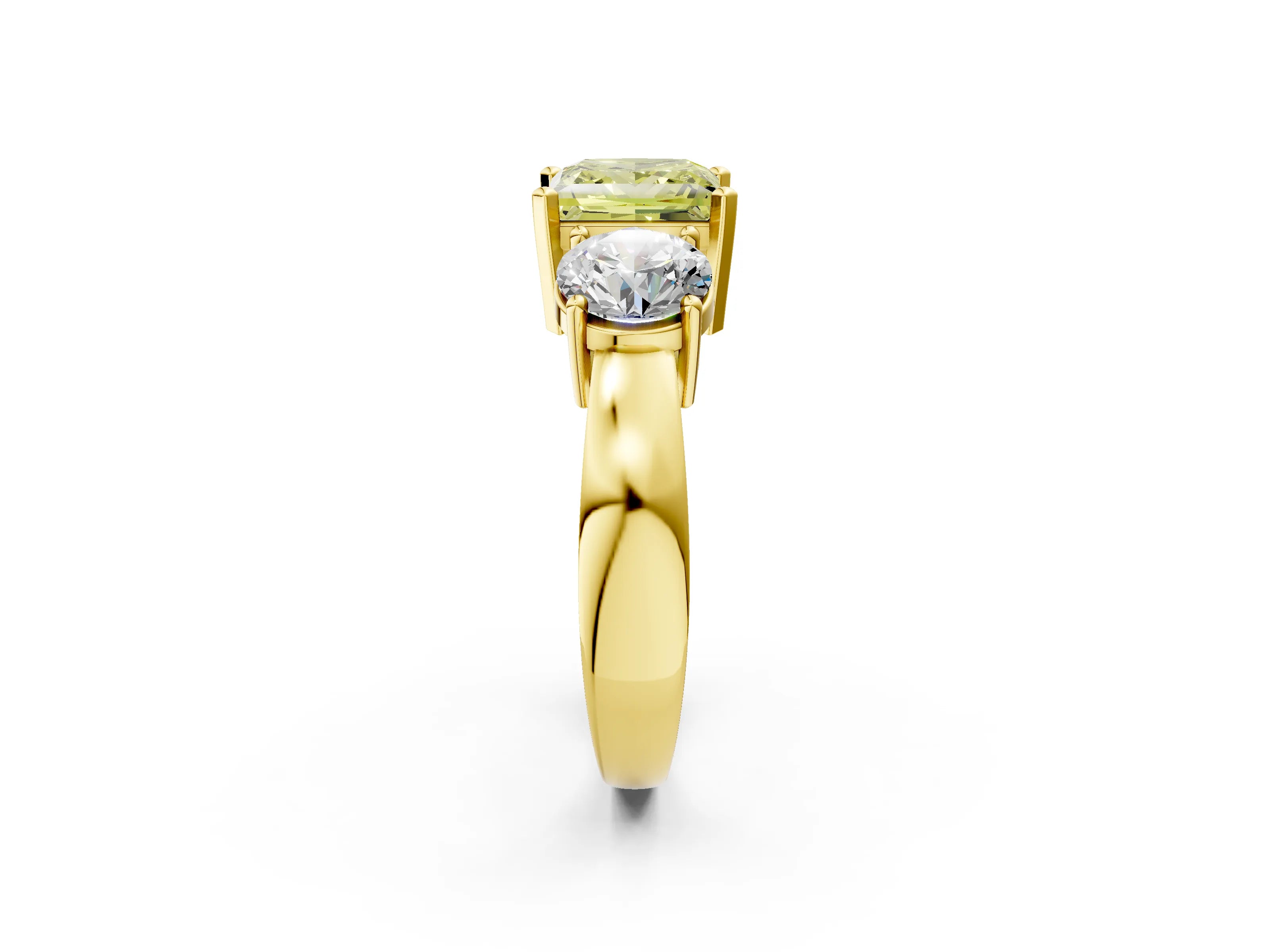 Yellow gold Three-Stone Fancy Yellow Princess Cut Diamond Ring with Round Side Stones, Classic Band, and Four-Prong Setting_2