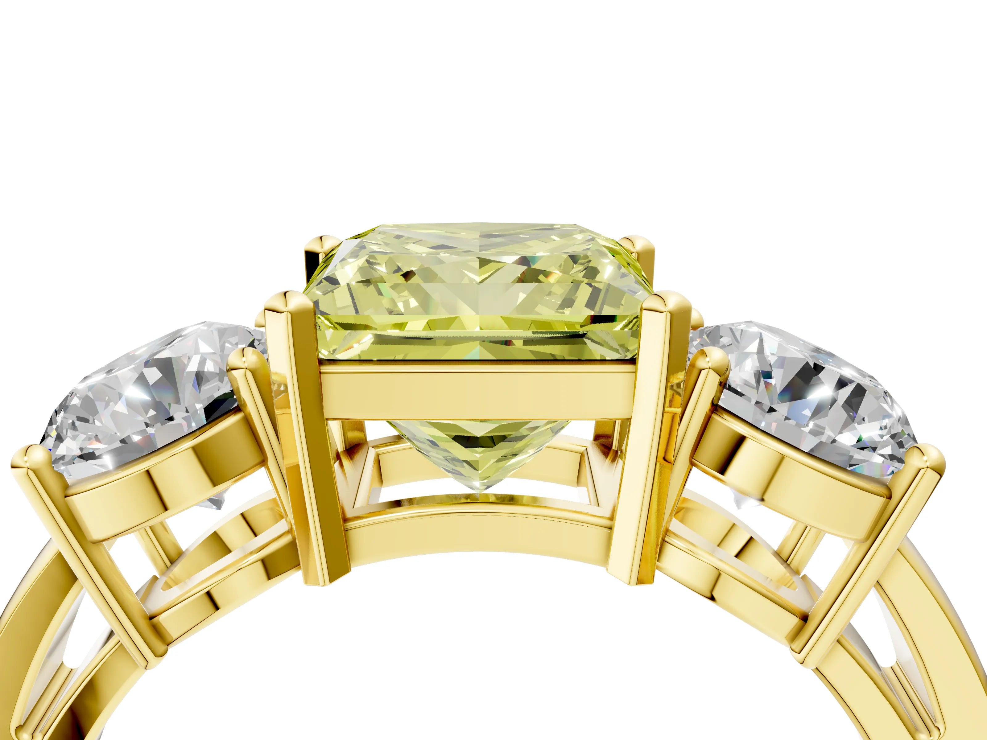 Yellow gold Three-Stone Fancy Yellow Princess Cut Diamond Ring with Round Side Stones, Classic Band, and Four-Prong Setting_4