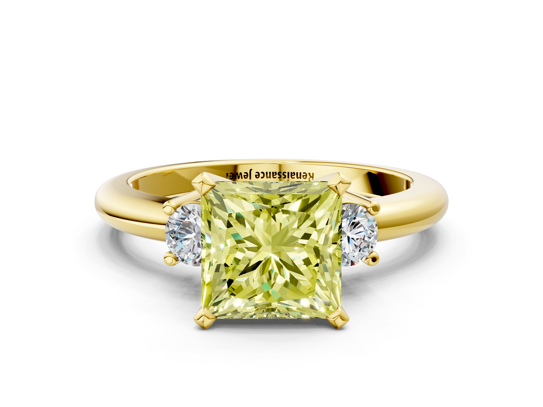 Yellow gold Three-Stone Fancy Yellow Princess  Cut Diamond Solitaire with Prong Setting and Classic Band