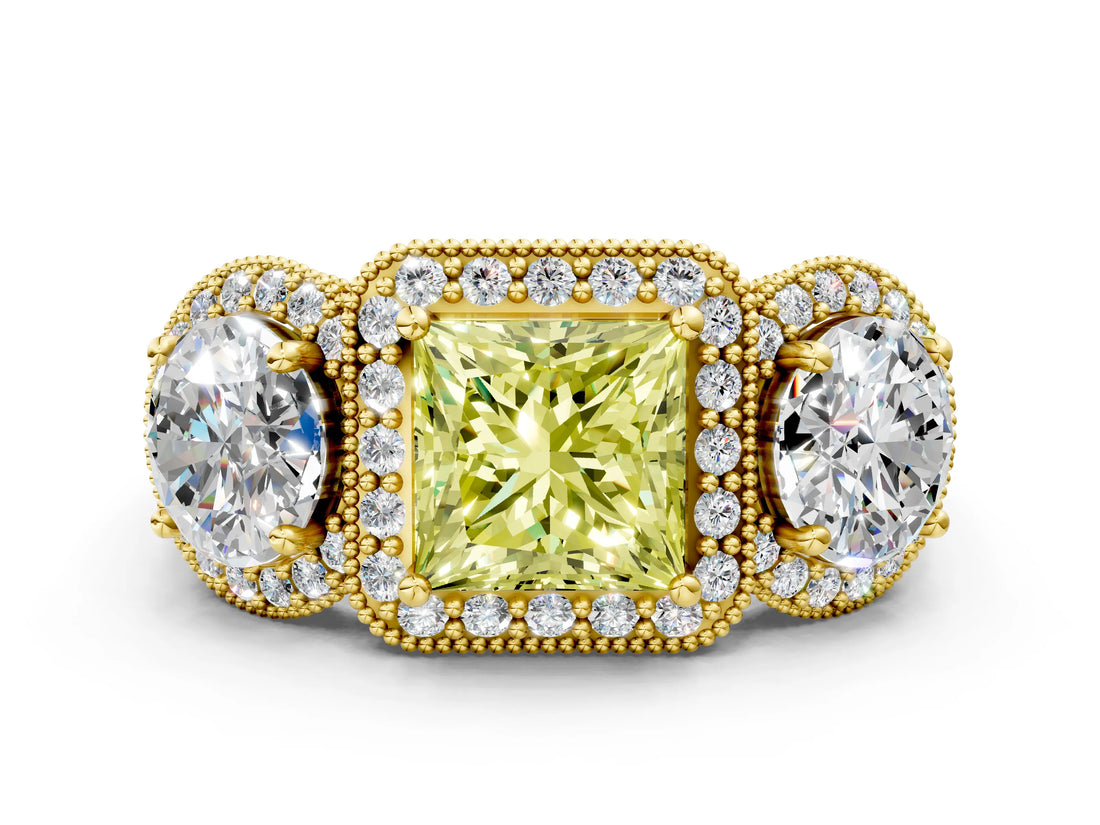 Yellow gold Three-Stone Fancy Yellow Princess Cut Halo Diamond Milgrain Band with Four-Prong Setting