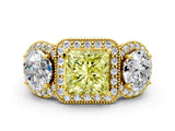Yellow gold Three-Stone Fancy Yellow Princess Cut Halo Diamond Milgrain Band with Four-Prong Setting