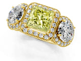 Yellow gold Three-Stone Fancy Yellow Princess Cut Halo Diamond Milgrain Band with Four-Prong Setting_1