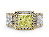 Yellow gold Three-Stone Fancy Yellow Princess Cut Halo Diamond Ring with Pave Band and Four-Prong Setting
