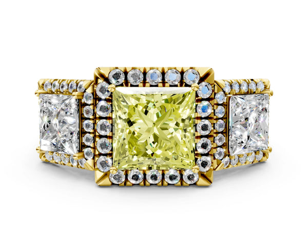Yellow gold Three-Stone Fancy Yellow Princess Cut Halo Diamond Ring with Pave Band and Four-Prong Setting