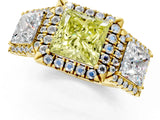 Yellow gold Three-Stone Fancy Yellow Princess Cut Halo Diamond Ring with Pave Band and Four-Prong Setting_1