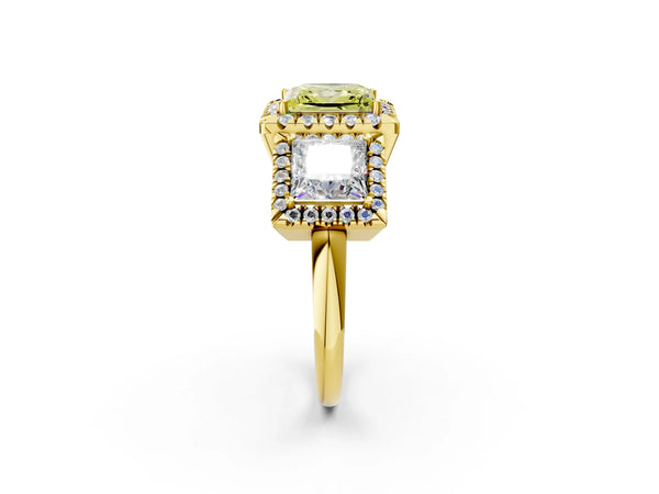 Yellow gold Three-Stone Fancy Yellow Princess Cut Halo Diamond Ring with Pave Band and Four-Prong Setting