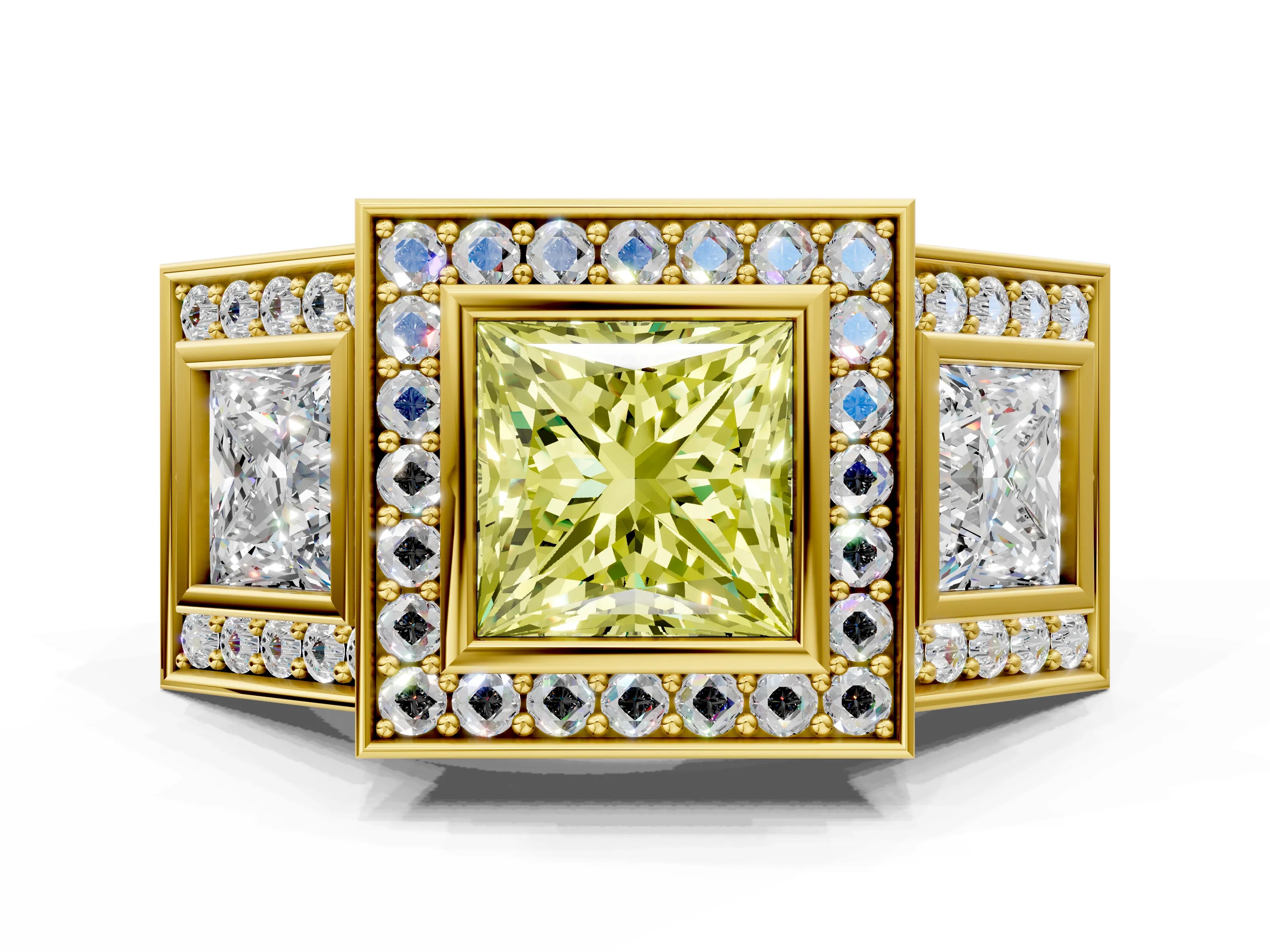 Yellow gold Three-Stone Fancy Yellow Princess Cut Halo Pavé Diamond Ring
