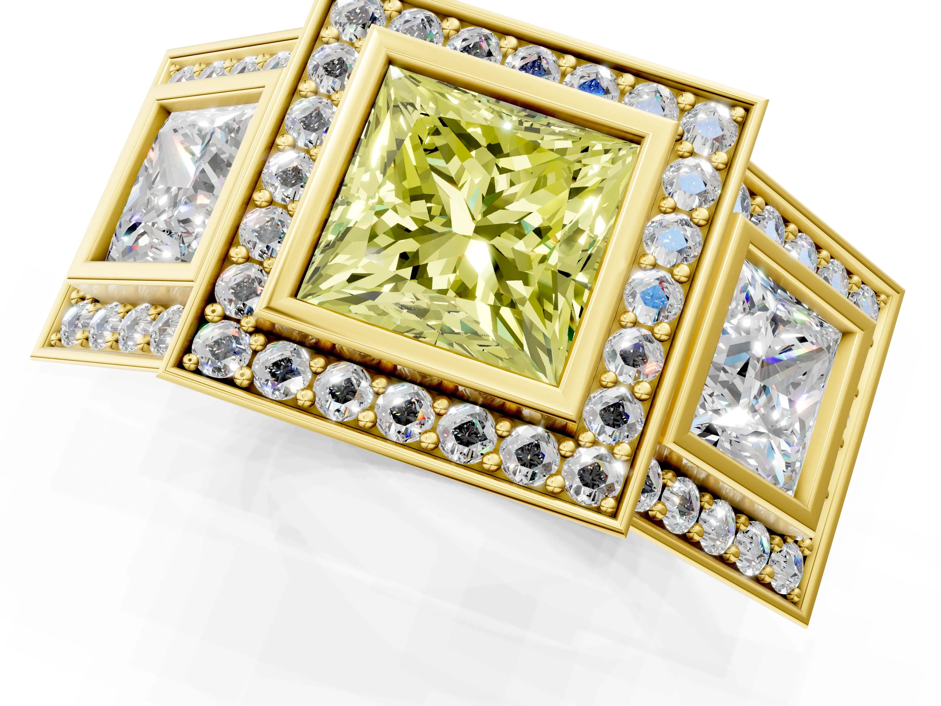 Yellow gold Three-Stone Fancy Yellow Princess Cut Halo Pavé Diamond Ring_1