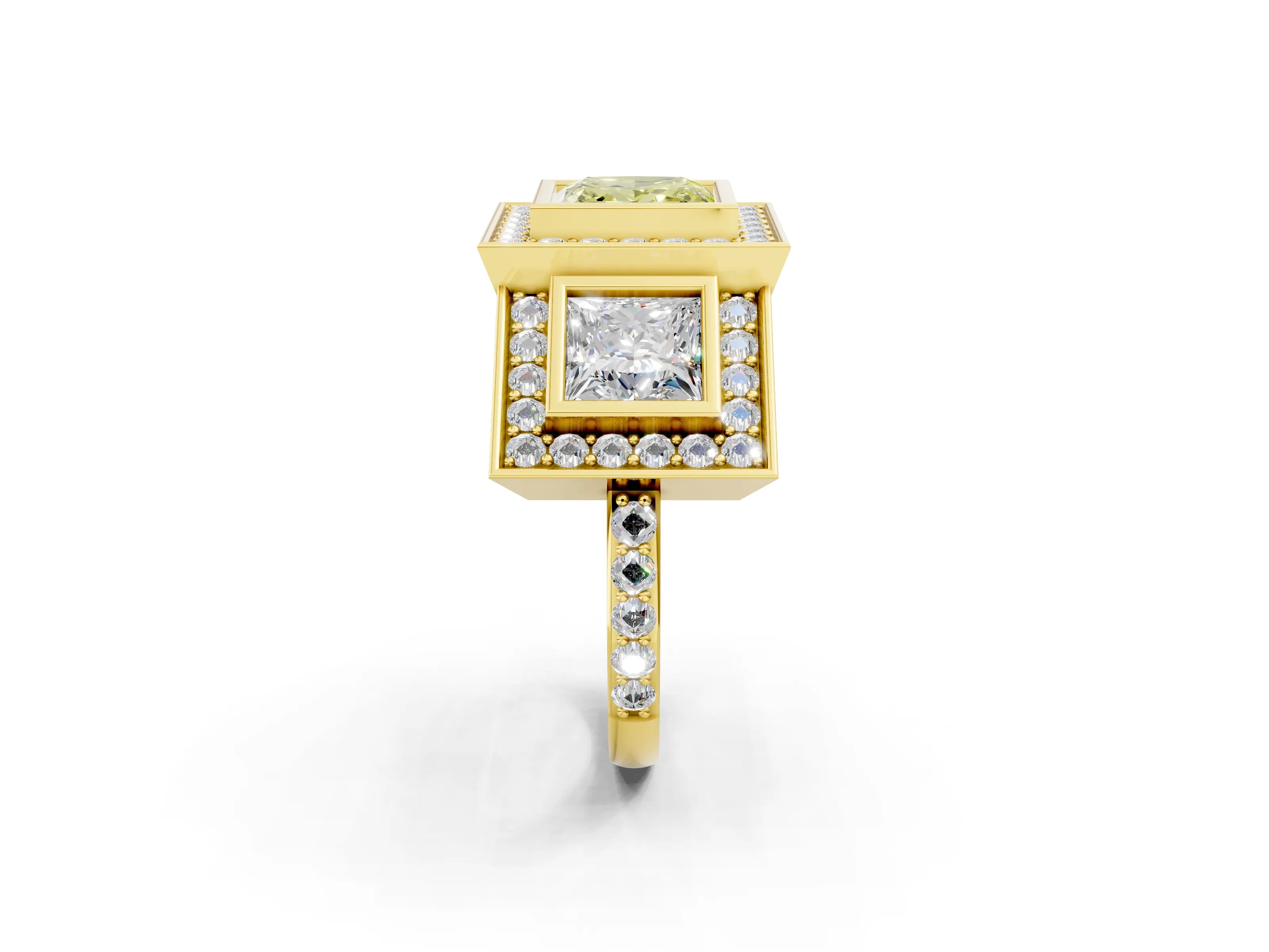 Yellow gold Three-Stone Fancy Yellow Princess Cut Halo Pavé Diamond Ring_2