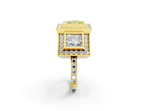 Yellow gold Three-Stone Fancy Yellow Princess Cut Halo Pavé Diamond Ring_2