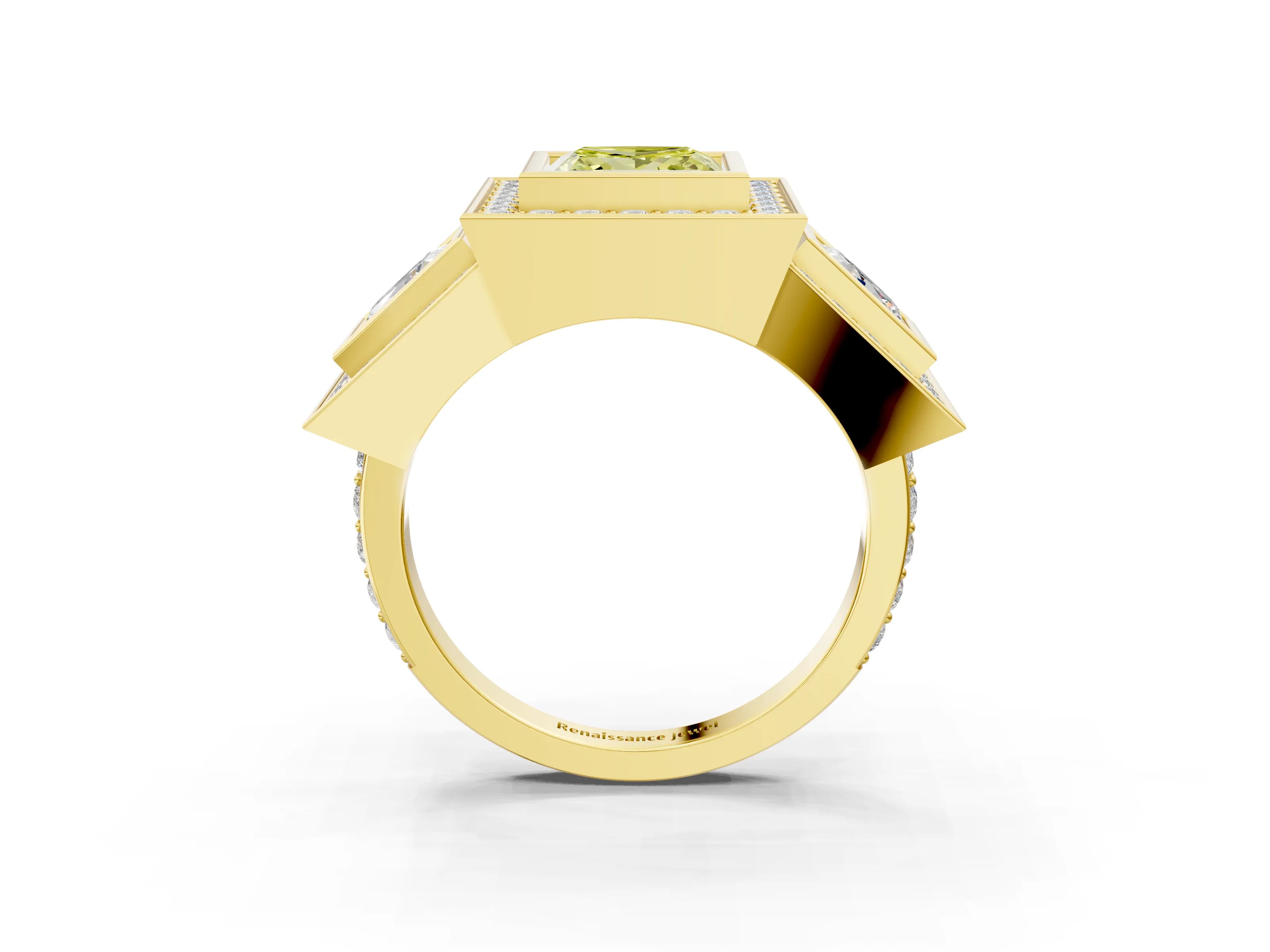Yellow gold Three-Stone Fancy Yellow Princess Cut Halo Pavé Diamond Ring_3