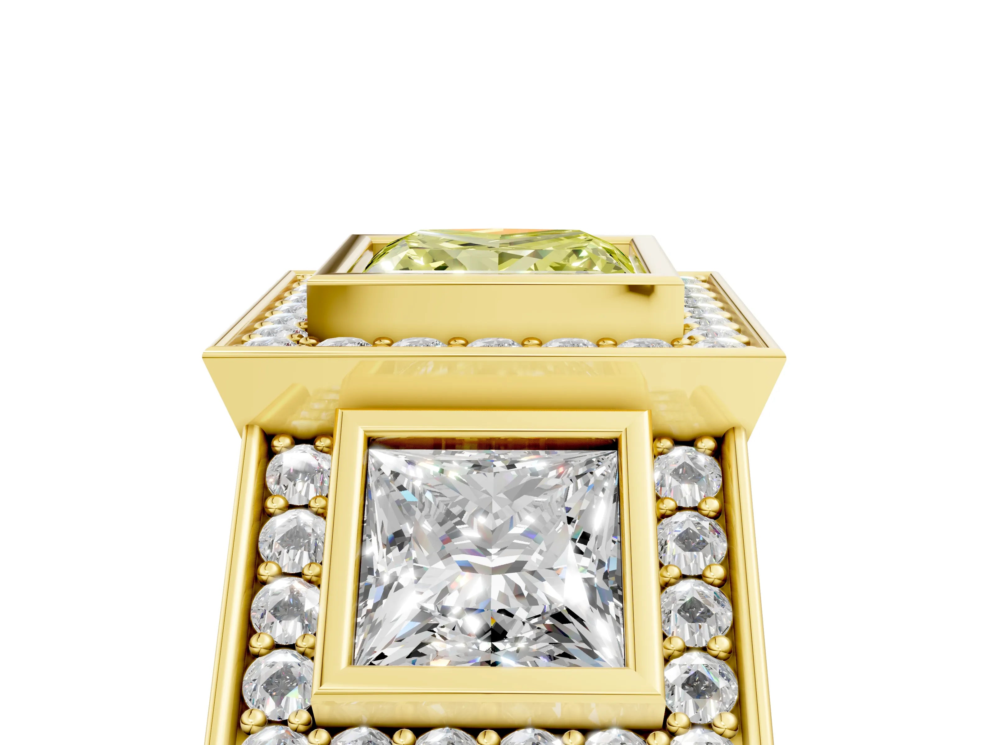 Yellow gold Three-Stone Fancy Yellow Princess Cut Halo Pavé Diamond Ring_5