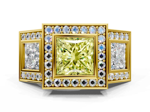 Yellow gold Three-Stone Fancy Yellow Princess Cut Halo Pavé Diamond Ring