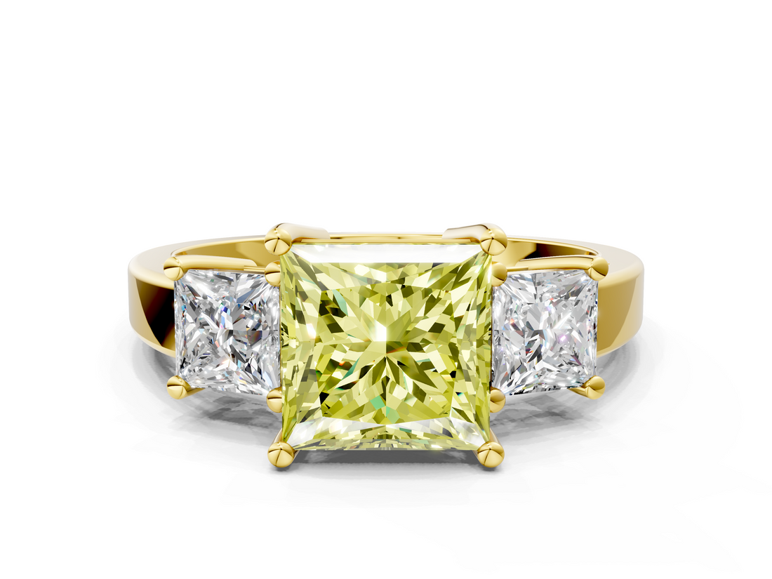 Yellow gold Three-Stone Fancy Yellow Princess  Cut Solitaire Ring with Prong Setting_3