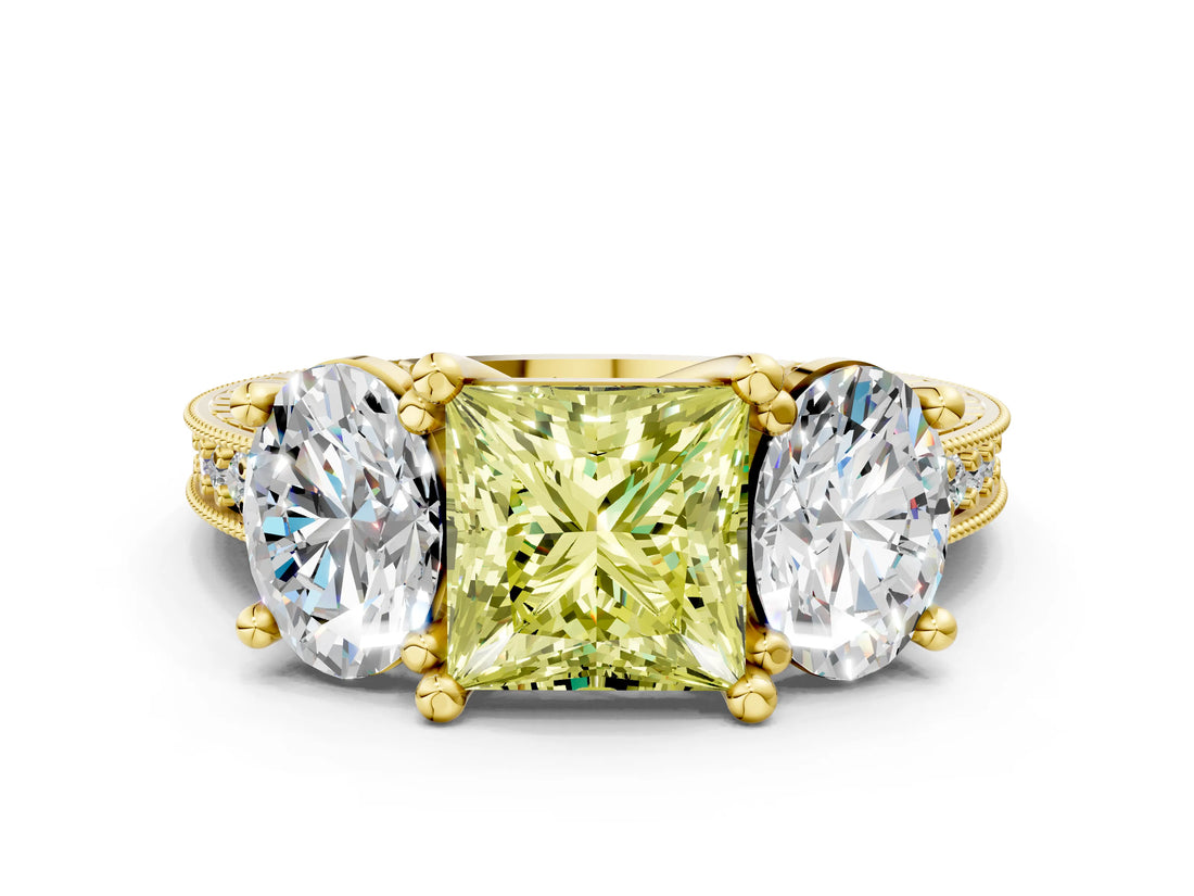 Yellow gold Three-Stone Fancy Yellow Princess  Diamond Milgrain Pave Band with Prong Setting 1