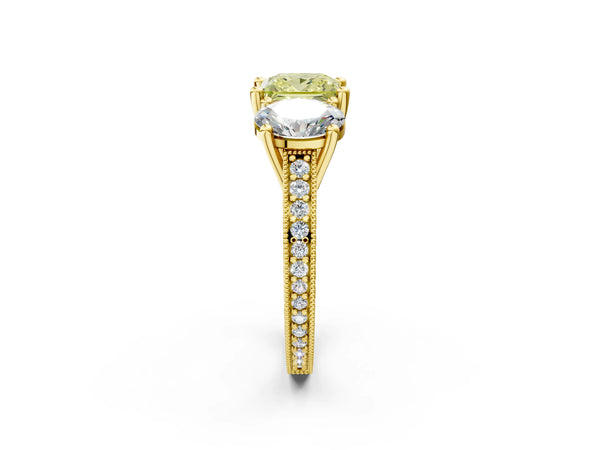 Yellow Gold Princess Cut Three-Stone Engagement Ring Setting for Fancy Yellow Center with Pave Band