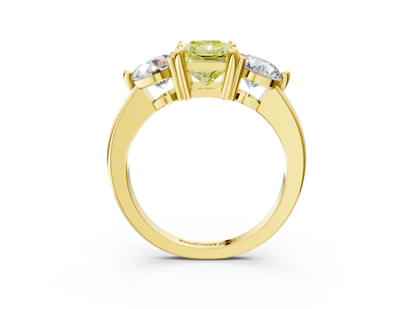 Yellow Gold Radiant Cut Classic Three Stone Engagement Ring Setting for Fancy Yellow Center
