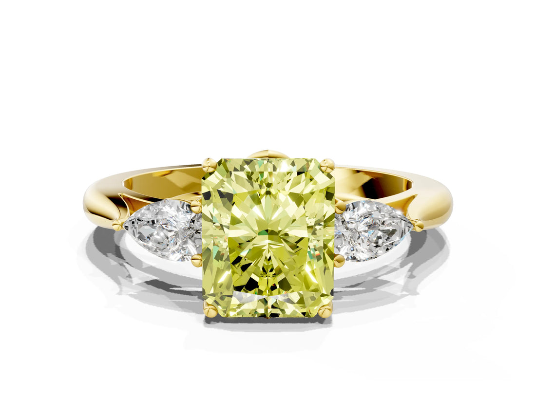 Yellow gold Three-Stone Fancy Yellow Radiant Cut Brilliant Diamond Solitaire Ring with Tapered Band and Four-Prong Setting_6