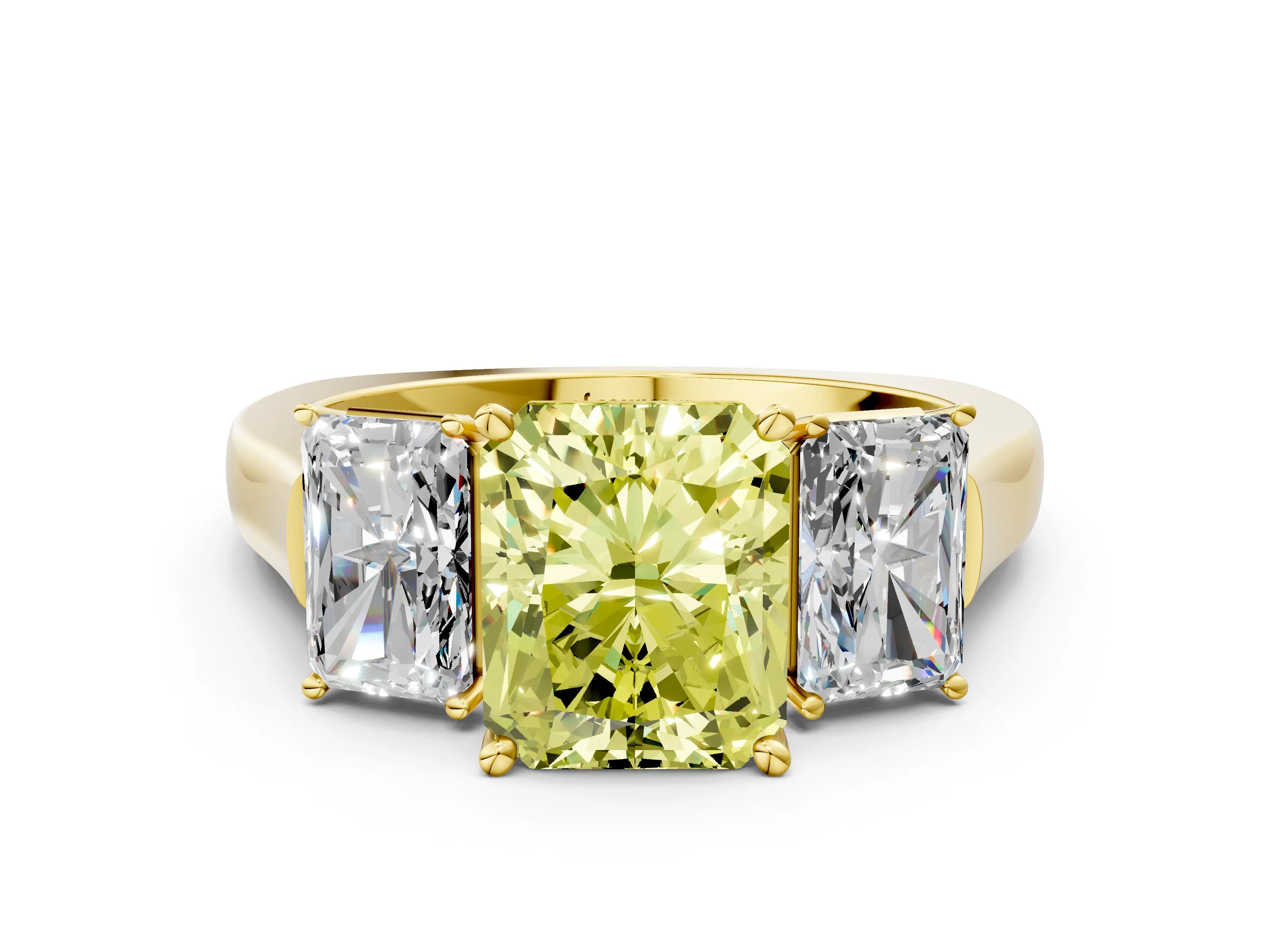 Yellow gold Three-Stone Fancy Yellow Radiant Cut Brilliant Diamond Trellis Ring with Comfort Fit Band