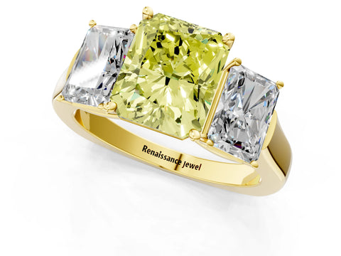 Yellow gold Three-Stone Fancy Yellow Radiant Cut Brilliant Diamond Trellis Ring with Comfort Fit Band_1